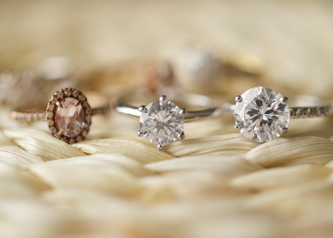 An assortment of different types of diamond engagement rings.