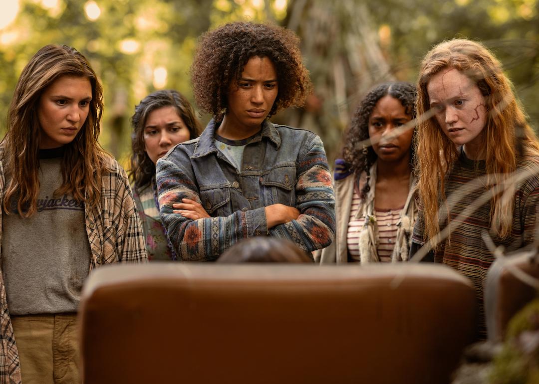 Sophie Nélisse as Shauna, Vanessa Prasad as Gen, Jasmin Savoy Brown as Taissa, Silvana Estifanos as Britt, and Liv Hewson as Van in Season 3 of "Yellowjackets."