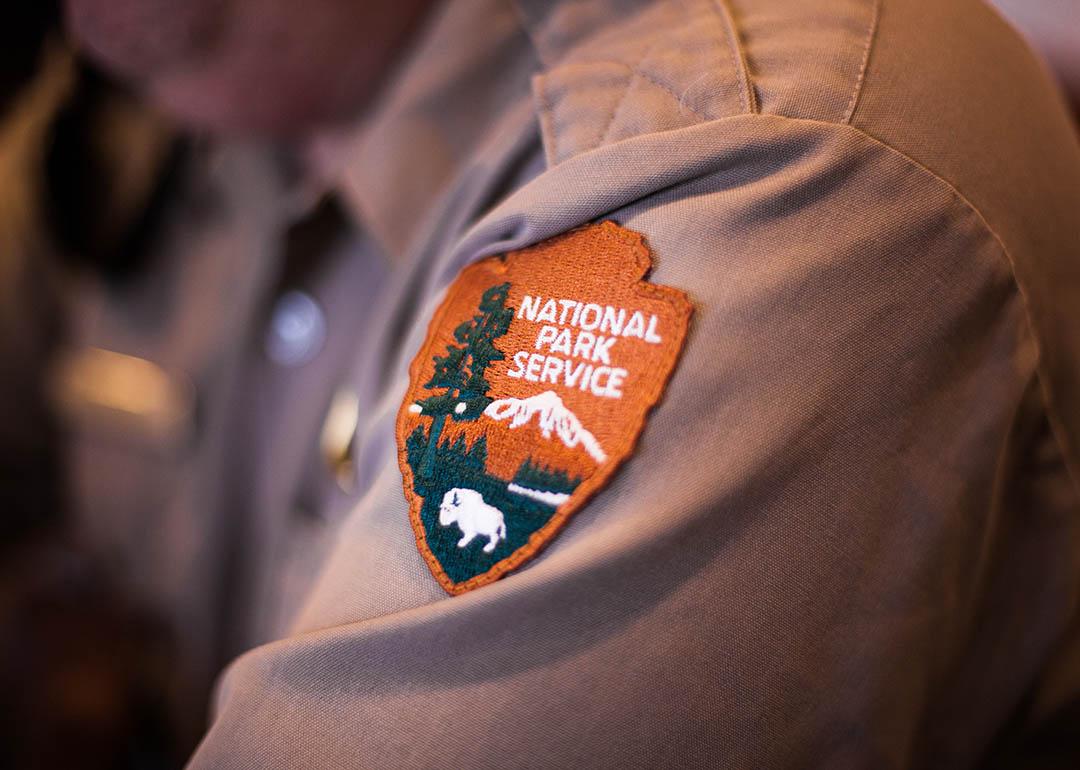 A closeup on the sleeve patch of a ranger's uniform showing the National Park Service logo.