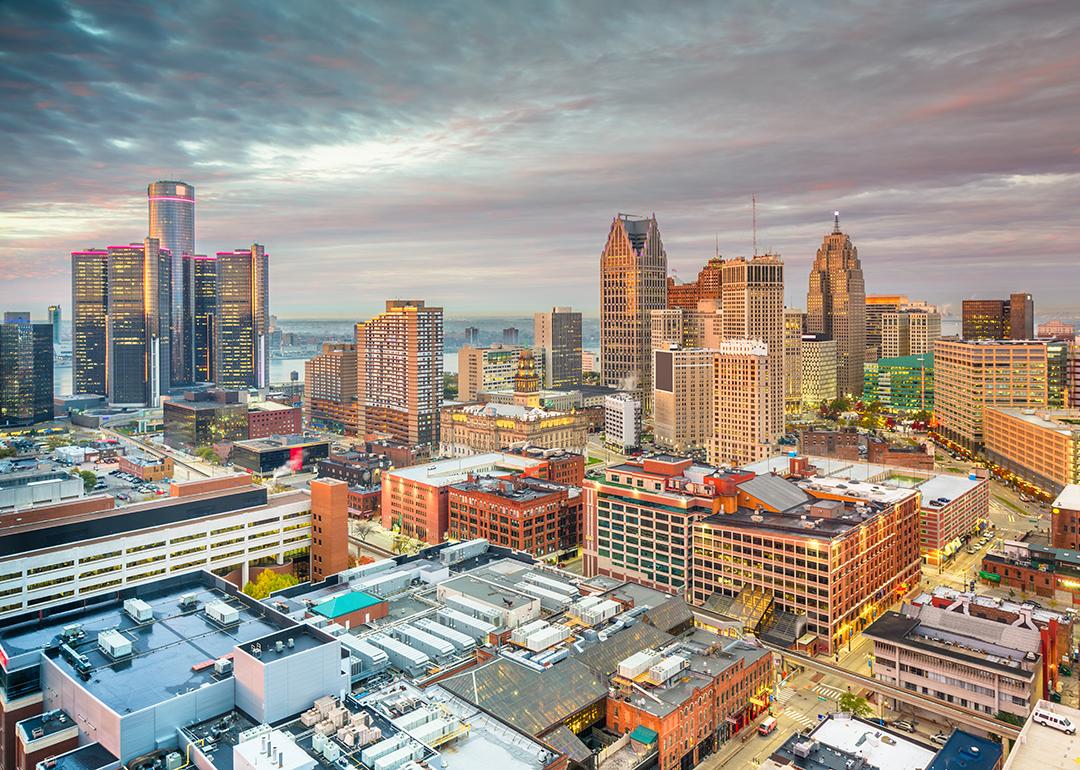 A view of Detroit, Michigan's skyline during dusk.