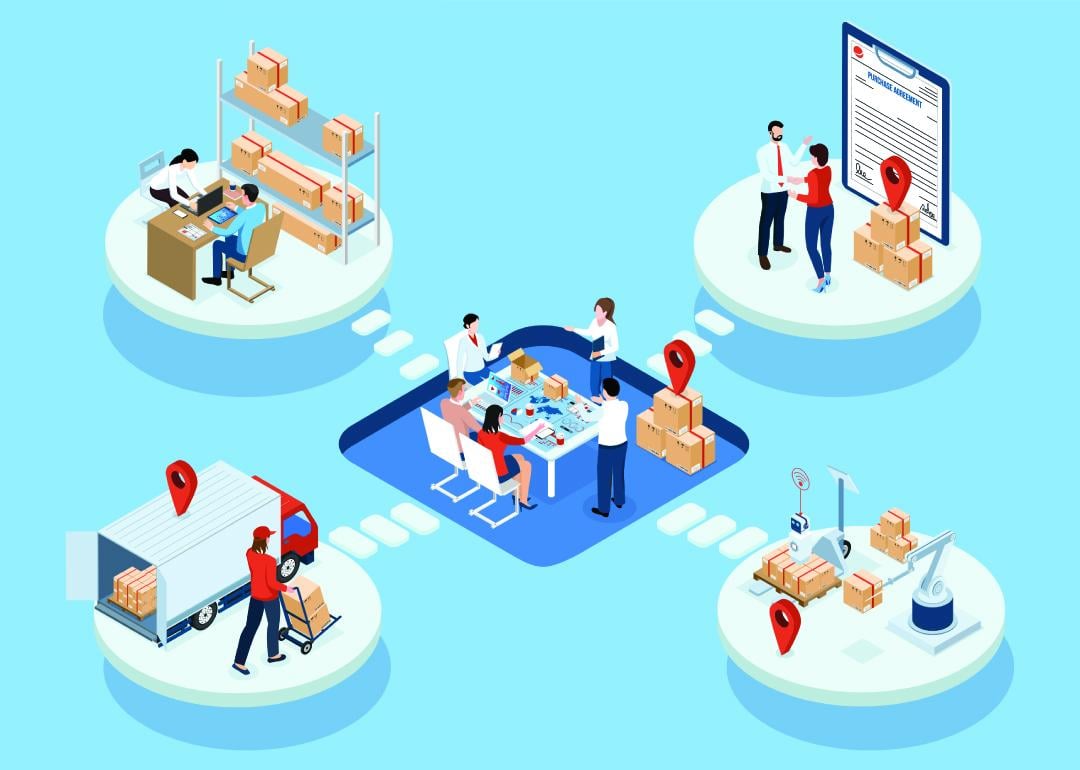Isometric illustration of material procurement process for businesses.