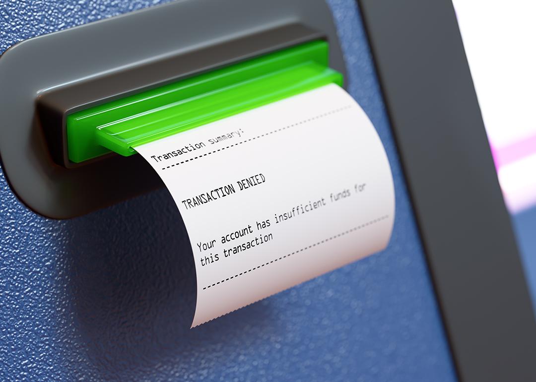 ATM receipt showing a failed transaction due to insufficient funds.