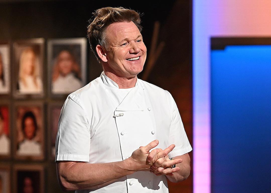 Chef and TV host Gordon Ramsay in his white chef's coat on Fox in 2022.
