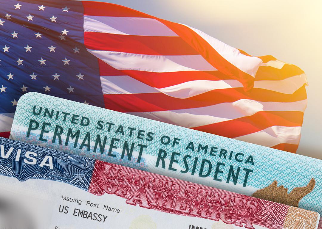 Graphic showing a visa page with the text "United States of America, Permanent Resident" and a USA flag in the background.