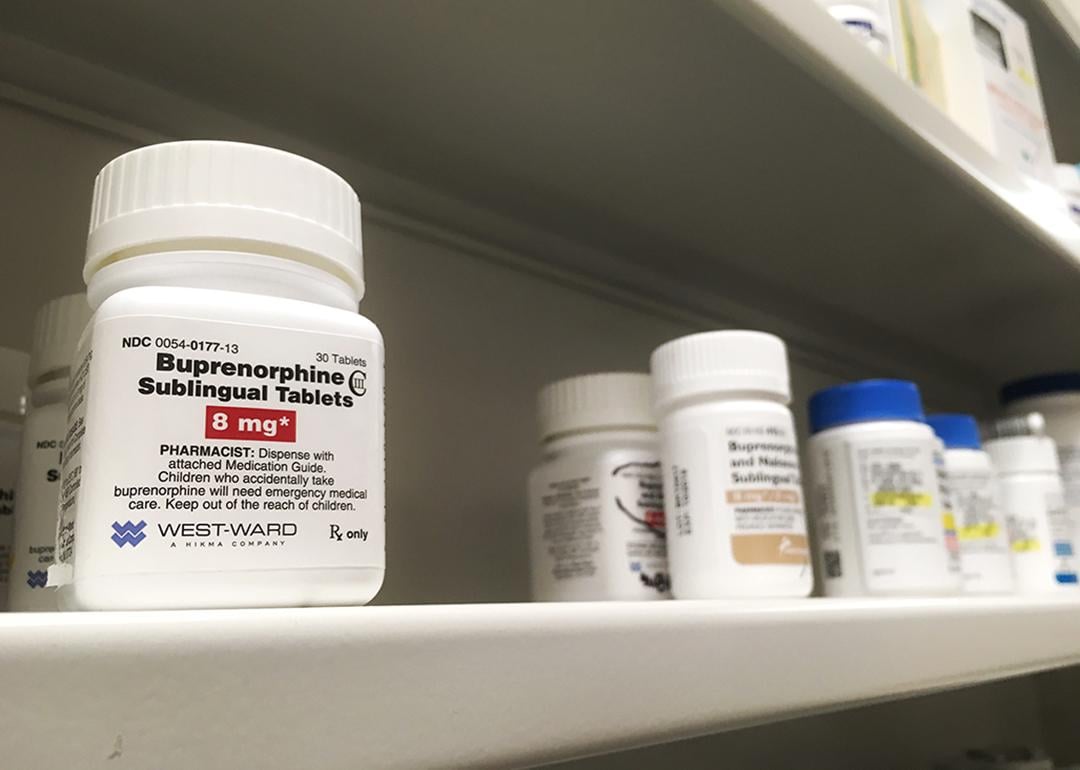 A Buprenorphine bottle on a shelf.