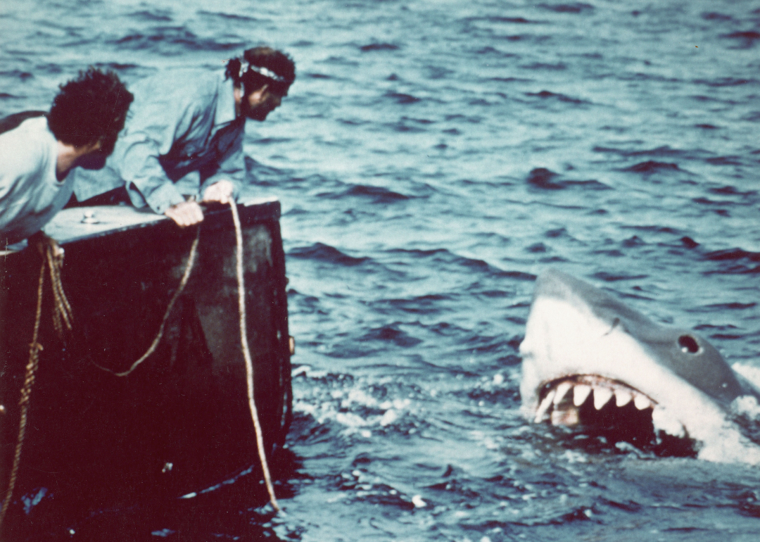Actors Richard Dreyfuss (left) (as marine biologist Hooper) and British author and actor Robert Shaw (as shark fisherman Quint) look off the stern of a fishing boat at the terrifying approach of a giant shark in a scene from the film 'Jaws' directed by Steven Spielberg, 1975.