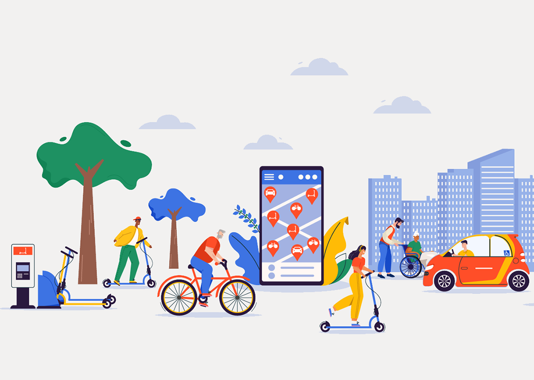 A custom vector illustration showing people in different modes of transportation and navigating outdoors.