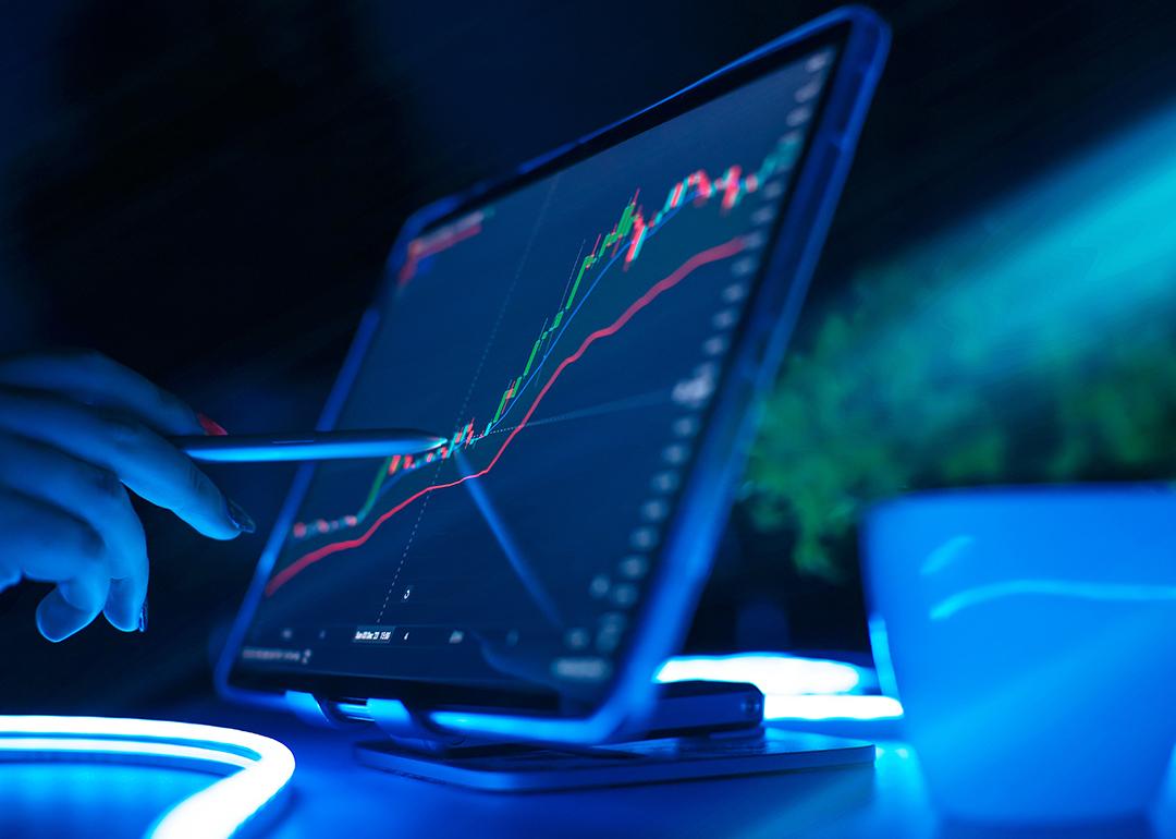 Stock market or trading graphs shown in a tablet.