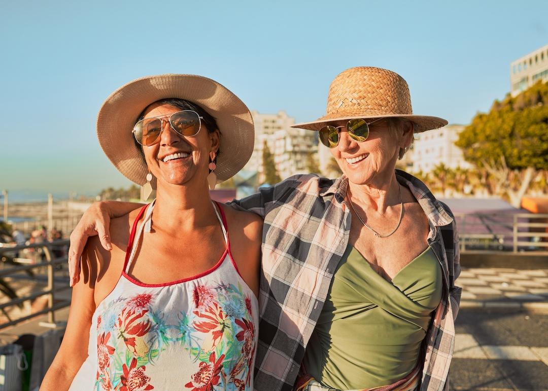 Retirees in swimsuits and hats in Miami.