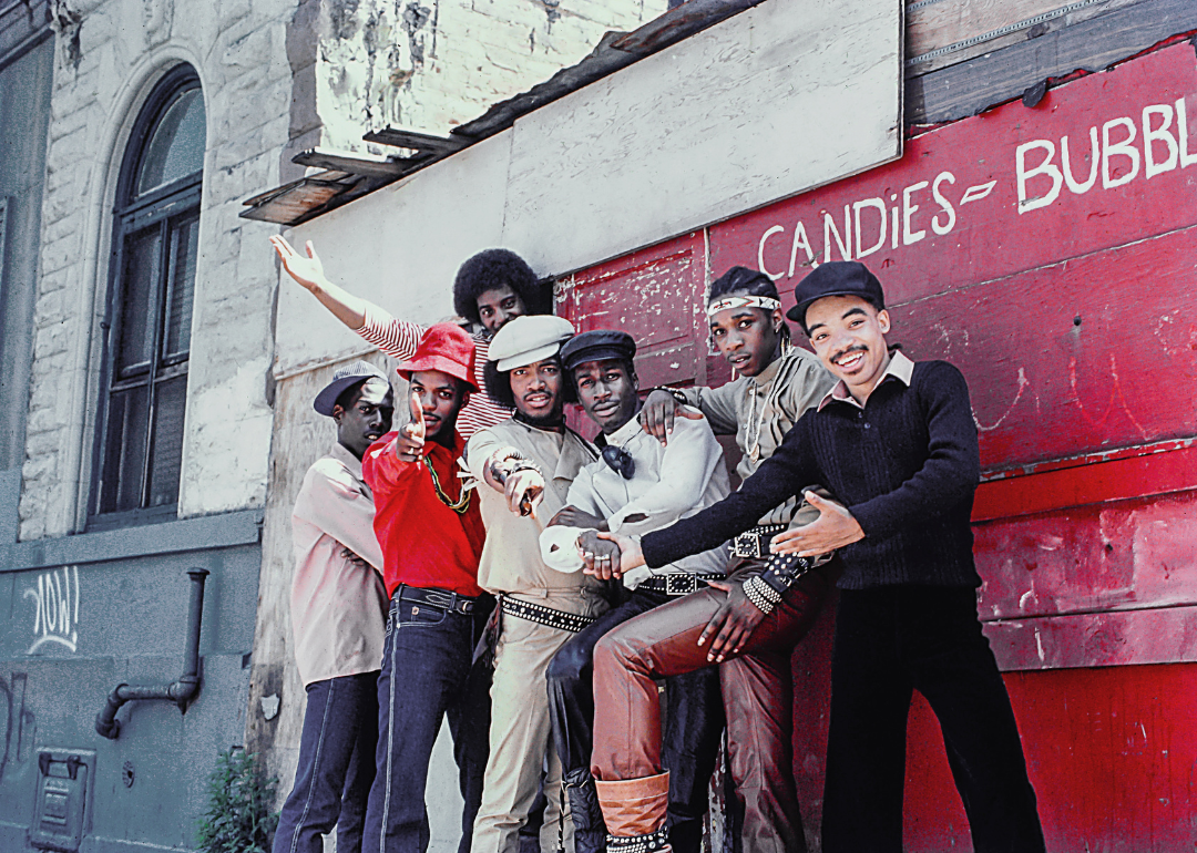 Rap group Grandmaster Flash and The Furious Five during a photo shoot for the cover of their album 'The Message',