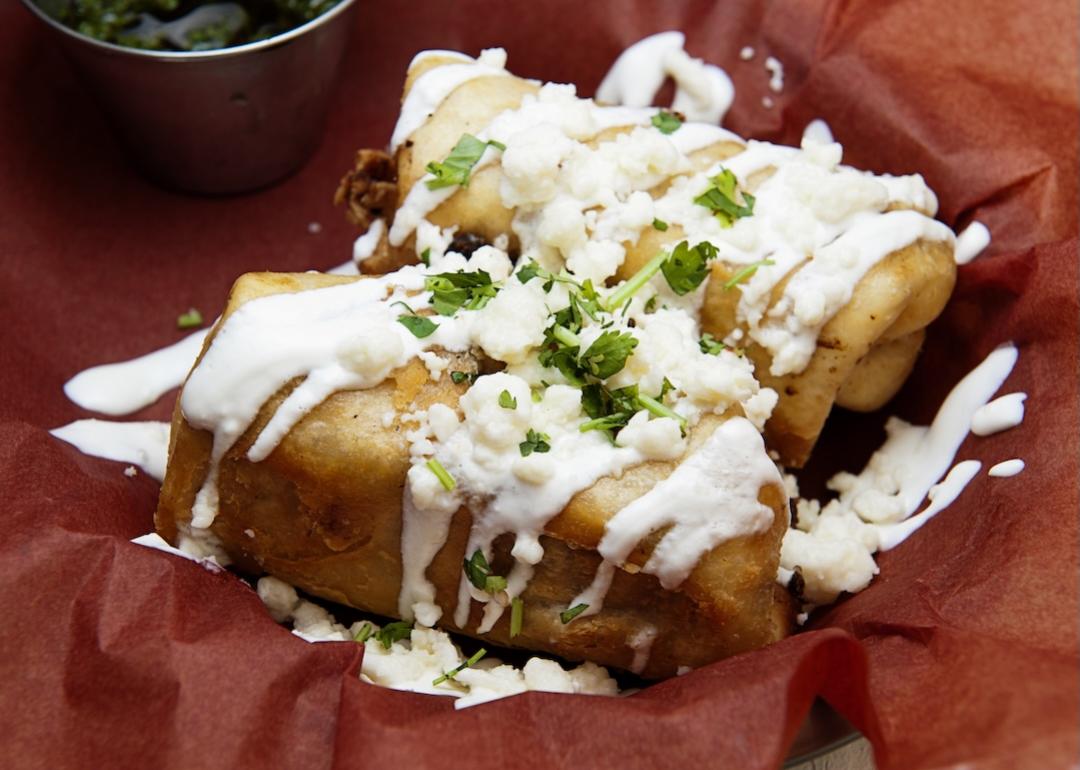Chimichangas con chimichurri stuffed with mushrooms, cabbage, beans, and Chihuahua cheese at El Chuco Restaurant in Washington, D.C., on July 9, 2012.