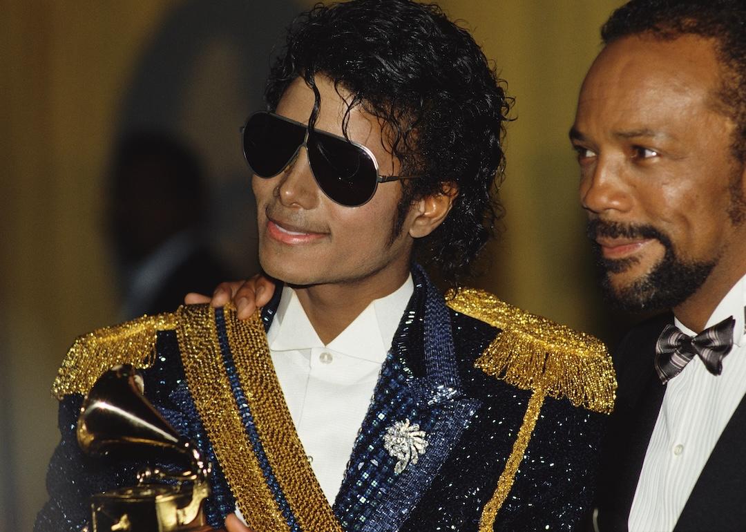 Michael Jackson and producer Quincy Jones attend the 26th Grammy Awards, where they won a record eight awards.
