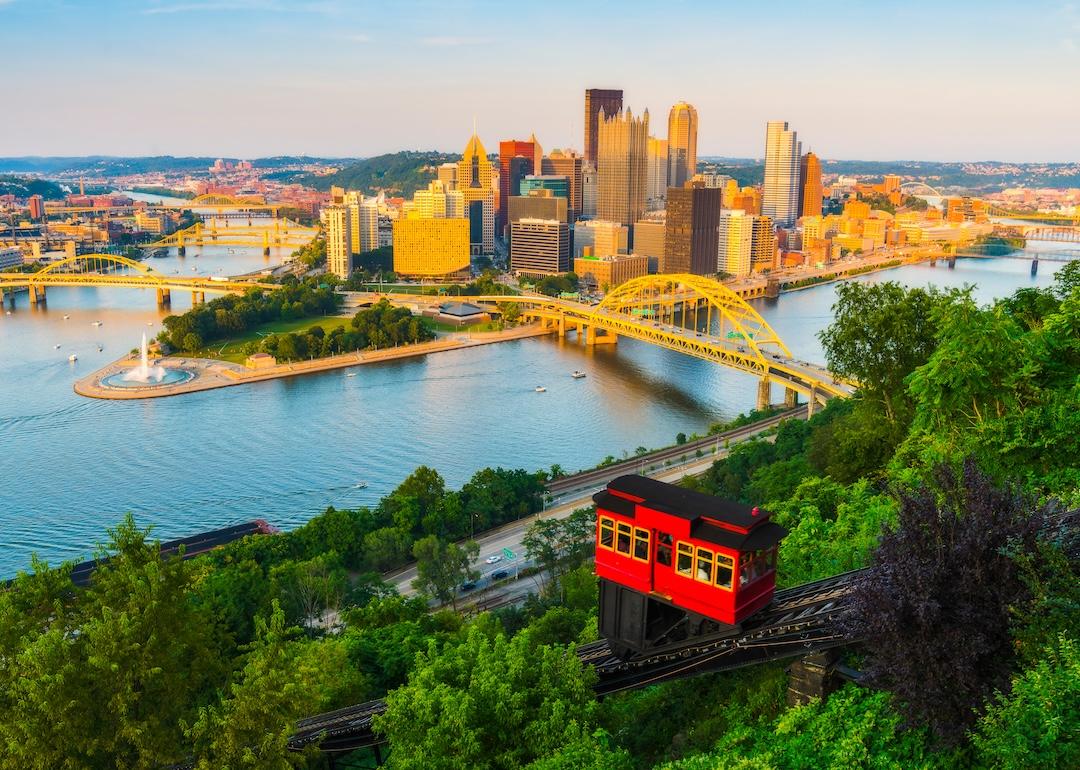 Overhead view of Pittsburgh at sunset.