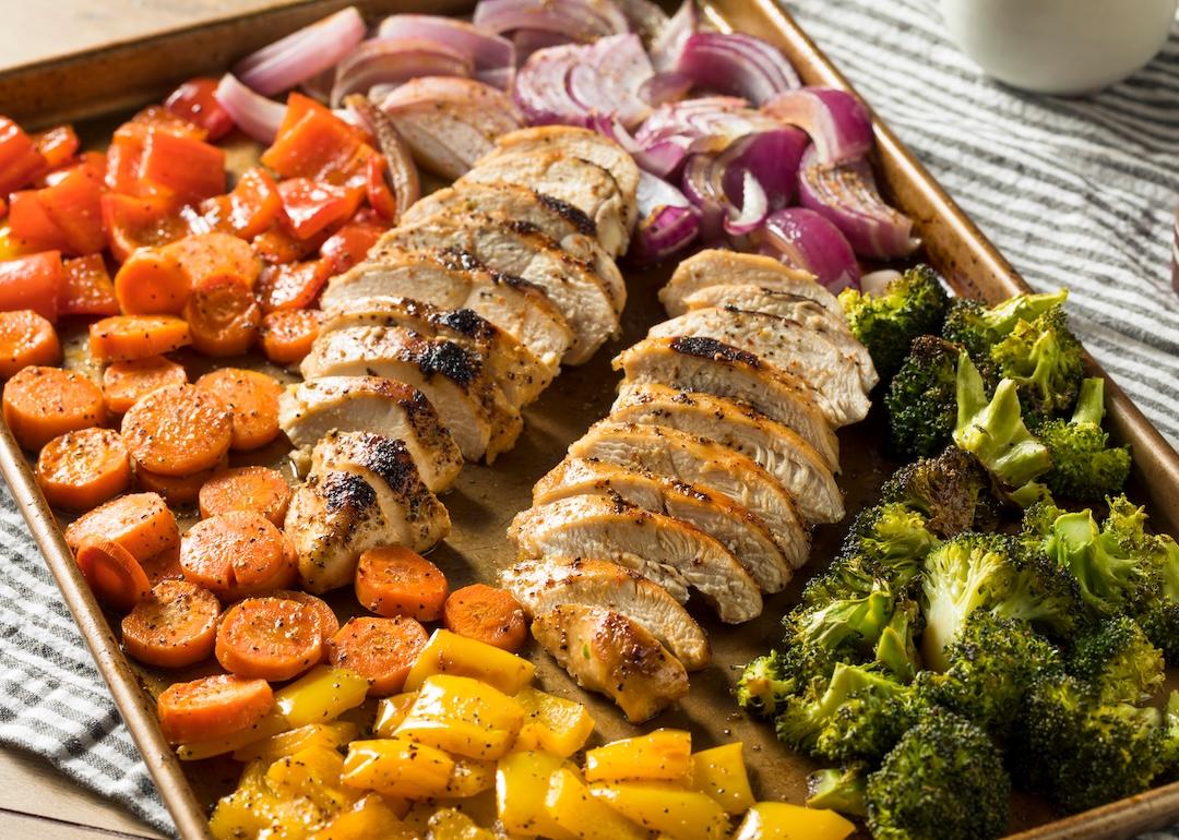 Close-up of homemade keto sheet pan chicken with rainbow vegetables.