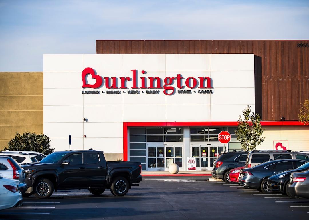A Los Angeles Burlington retail store exterior with a parking lot in the foreground under clear skies.
