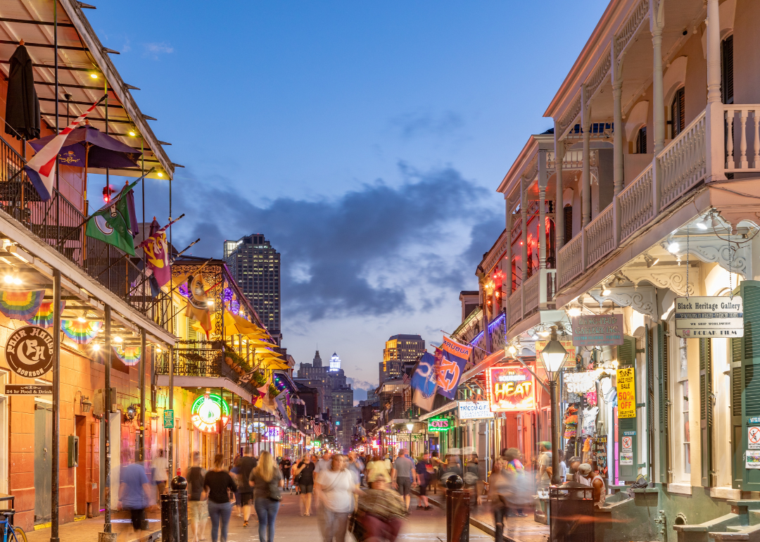 Pubs and bars with neon lights in the French Quarter, downtown New Orleans