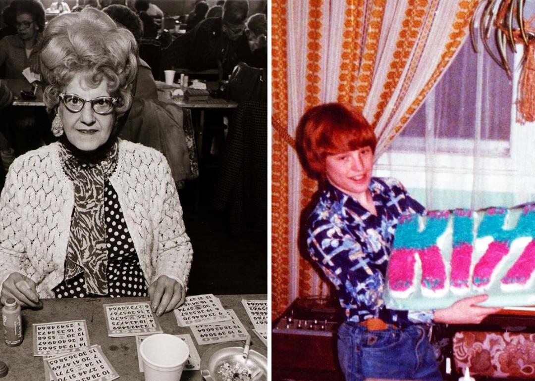 A woman at a bingo parlor and a kid holding a Kiss birthday cake