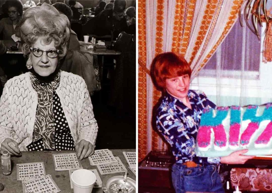 A woman at a bingo parlor and a kid holding a Kiss birthday cake
