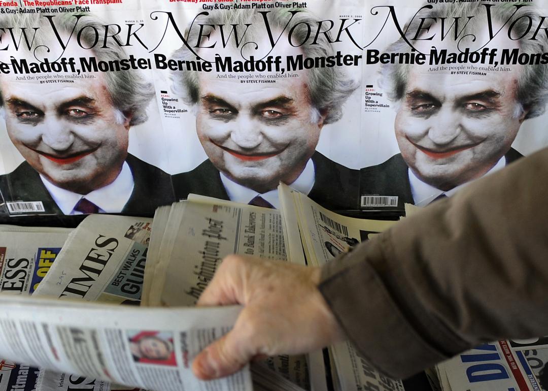 An illustration of Ponzi scheme mastermind Bernard Madoff portrayed as the "Joker" from Batman is seen on the cover of New York Magazine at a newstand February 24, 2009 in New York