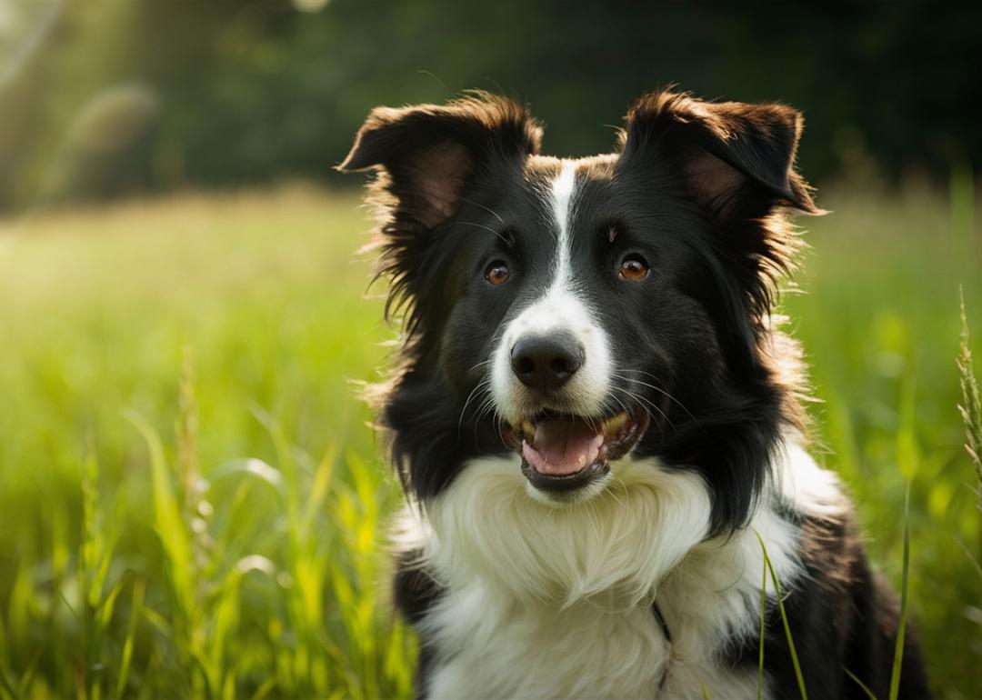 A happy border collie in the grass