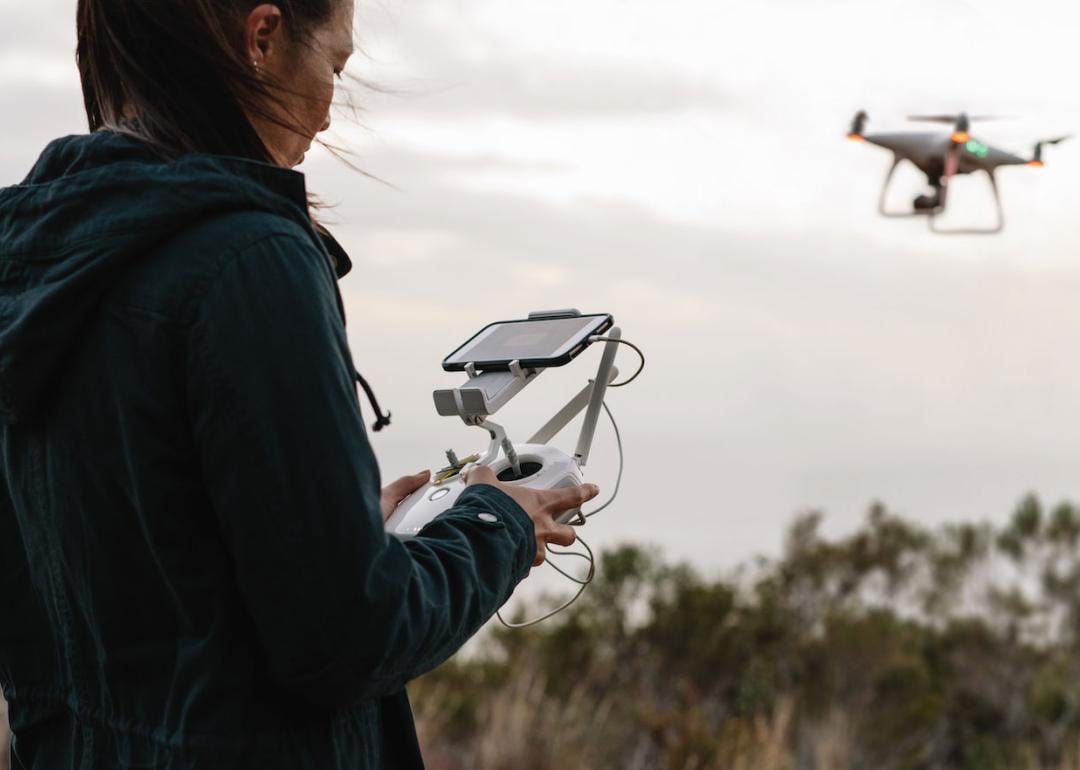 Woman operating a drone