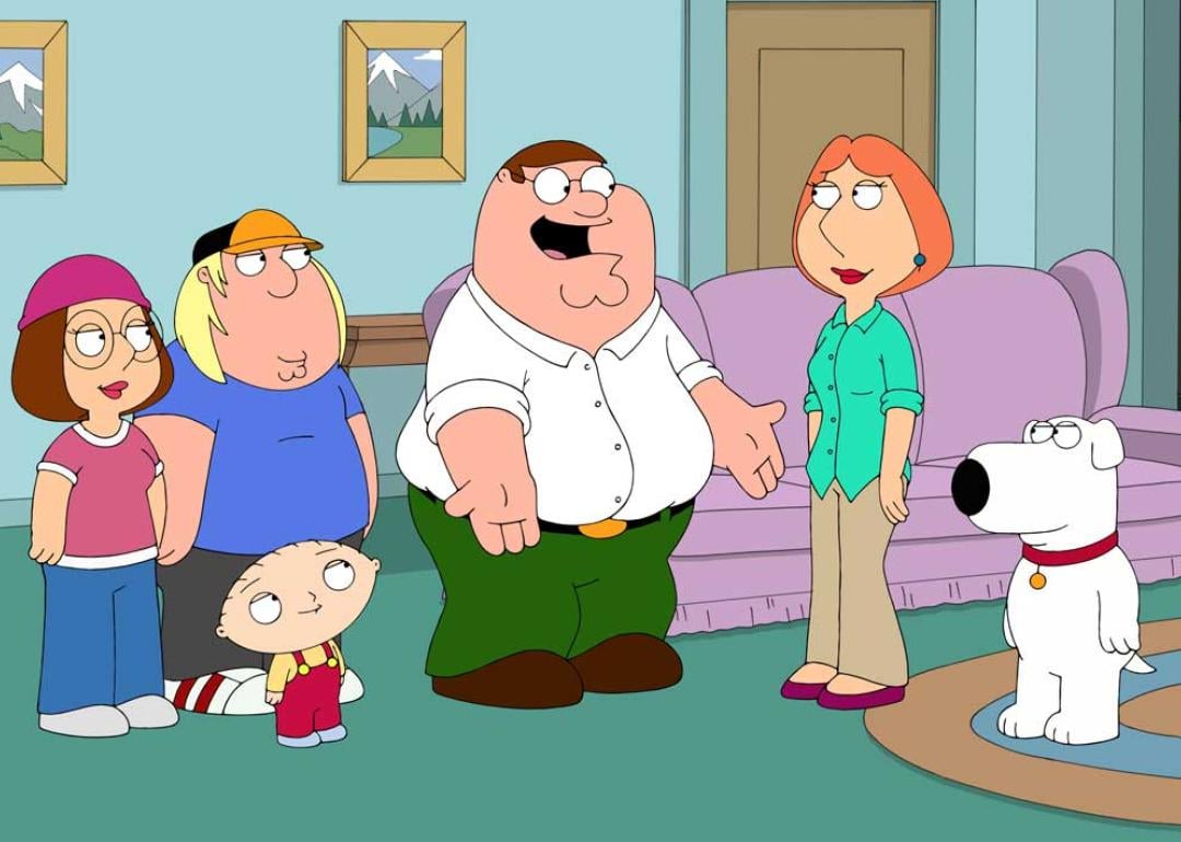 Peter, Lois, Meg, Chris, and Stewie Griffin with Bryan the Dog in the Family Guy livingroom