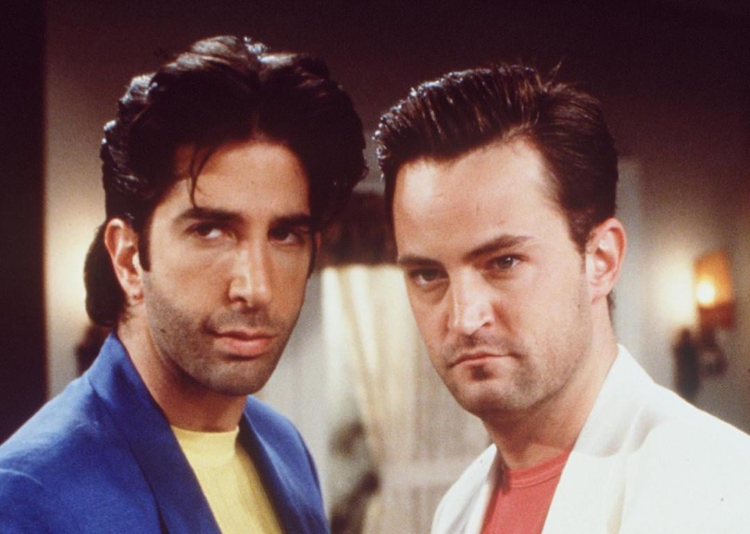 David Schwimmer and Matthew Perry dress up in Miami Vice outfits in the "Friends" Thanksgiving special, "The One With Thanksgiving Flashbacks."