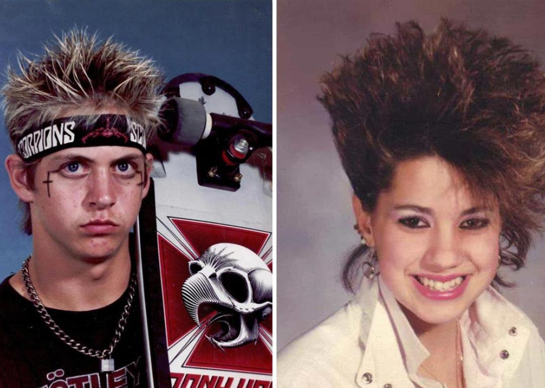 Side by side class photos of kids from 1985