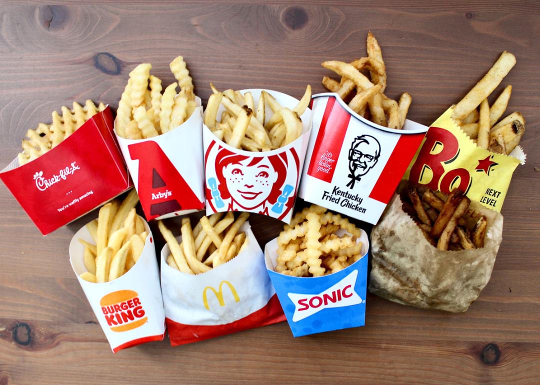 Overhead shot of french fries from 9 different fast food restaurants