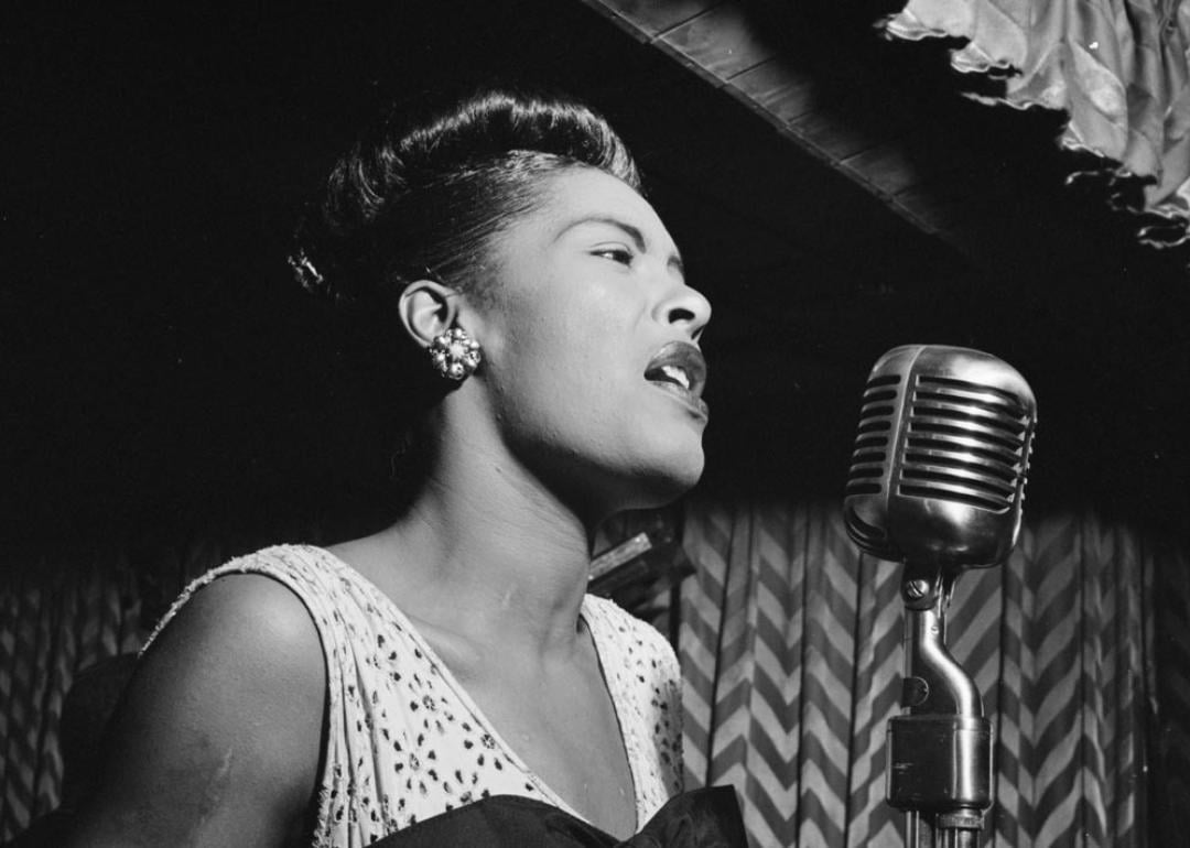 American blues singer Billie Holiday performing at the Downbeat Jazz Club, New York City, circa February 1947.