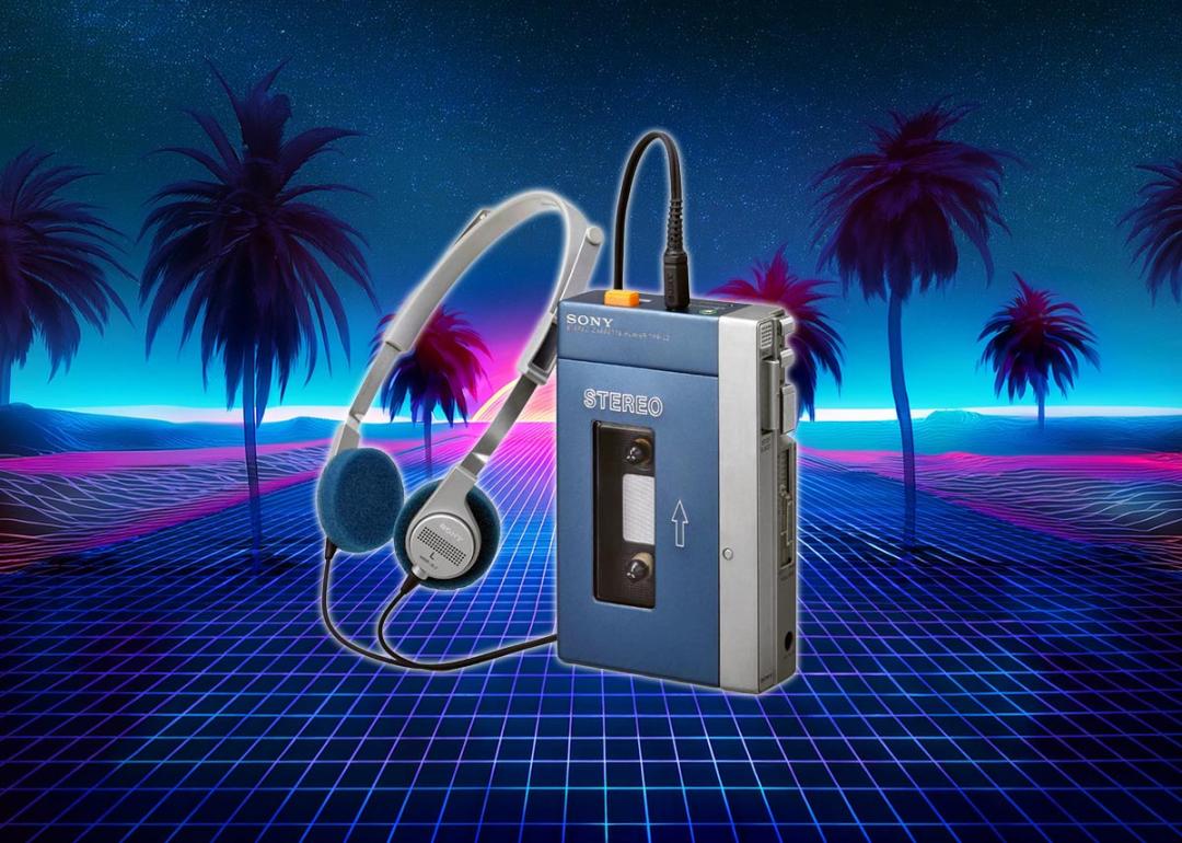 A Sony Walkman with a very 1980s background