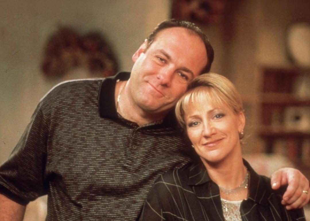Actors James Gandolfini and Edie Falco in scene from the HBO TV series 'The Sopranos.'