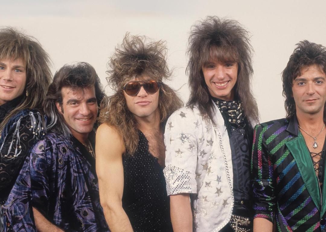 Portrait of American rock band Bon Jovi backstage before a performance, Illinois, early March, 1987. Pictured are, from left, David Bryan, Tico Torres, Jon Bon Jovi, Richie Sambora, and Alec John Such.