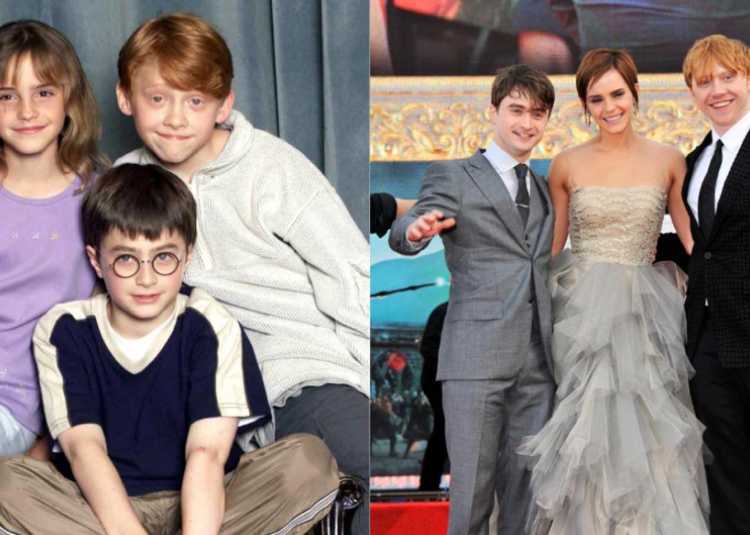 A split-screen look at Danielle Radcliffe, Emma Watson and Rupert Grint in a Harry Potter publicity still in 2000, and a picture of the three at a premiere in 2011.
