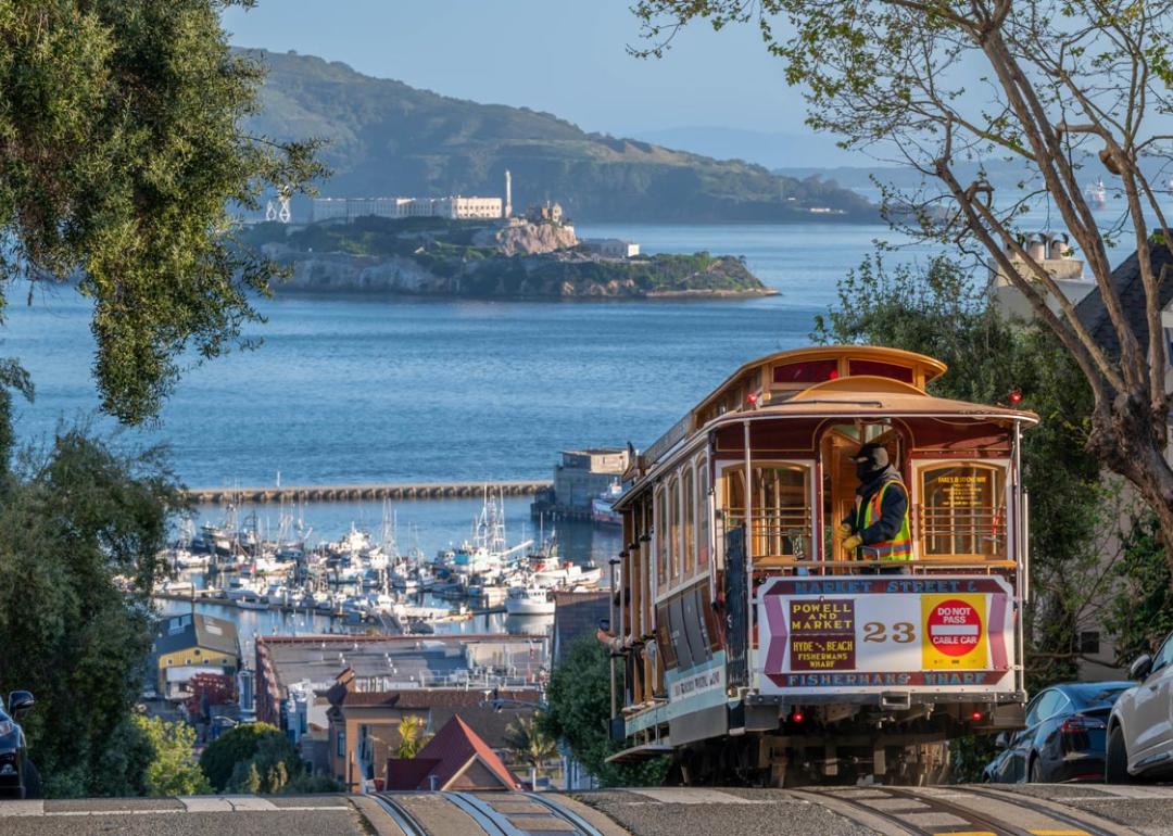 A cable car in San Francisco at daybreak.