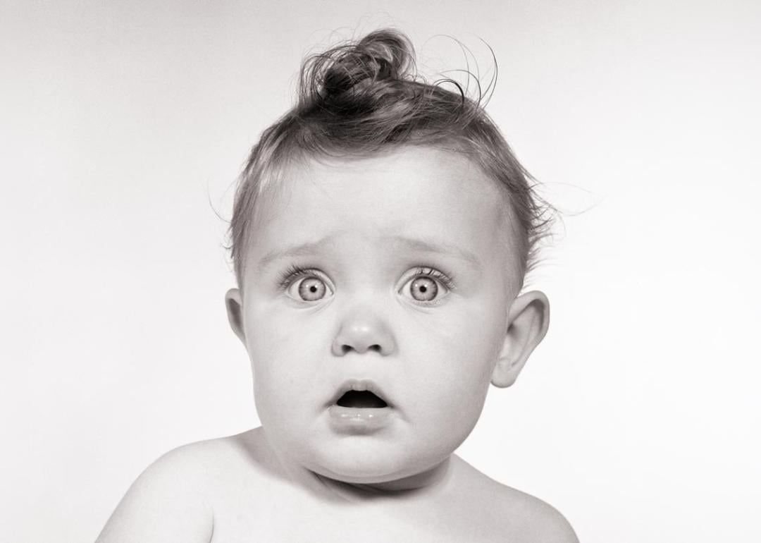 Wide-eyed baby from the 1950s looking at the camera.