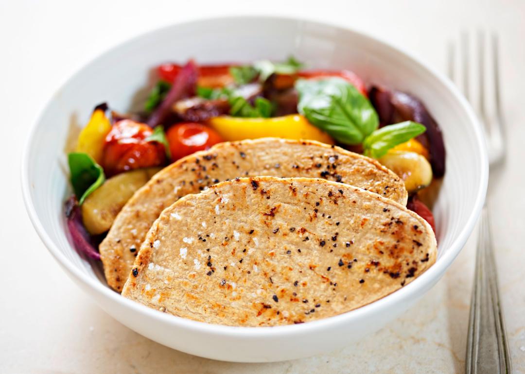 Mycoprotein fillets with grilled vegetables.