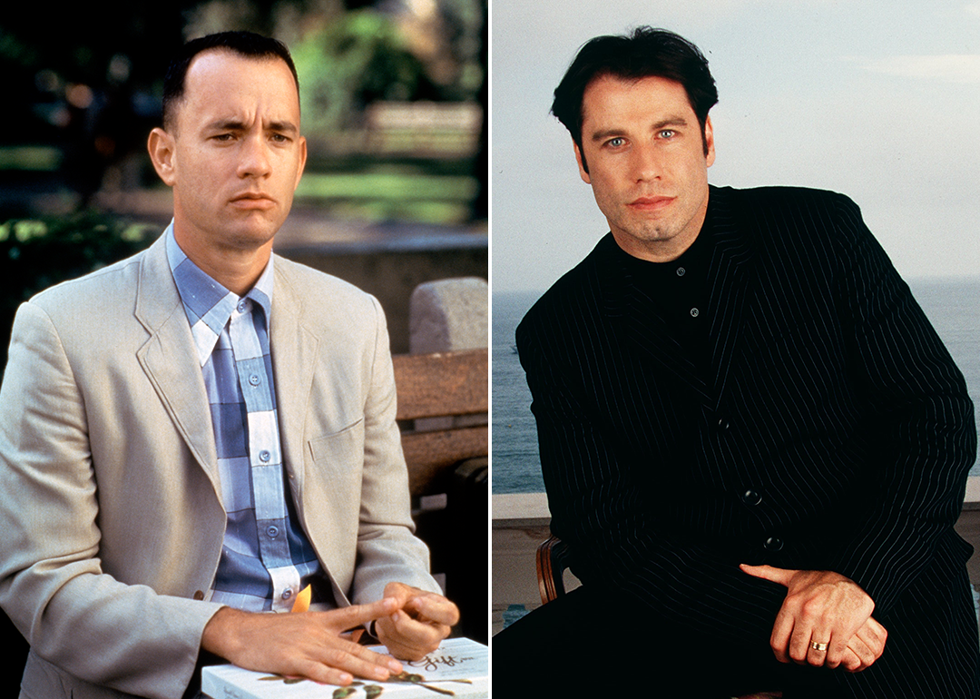 On left, Tom Hanks as Forrest Gump; on right, John Travolta promoting ‘Pulp Fiction’ at Cannes in 1994.