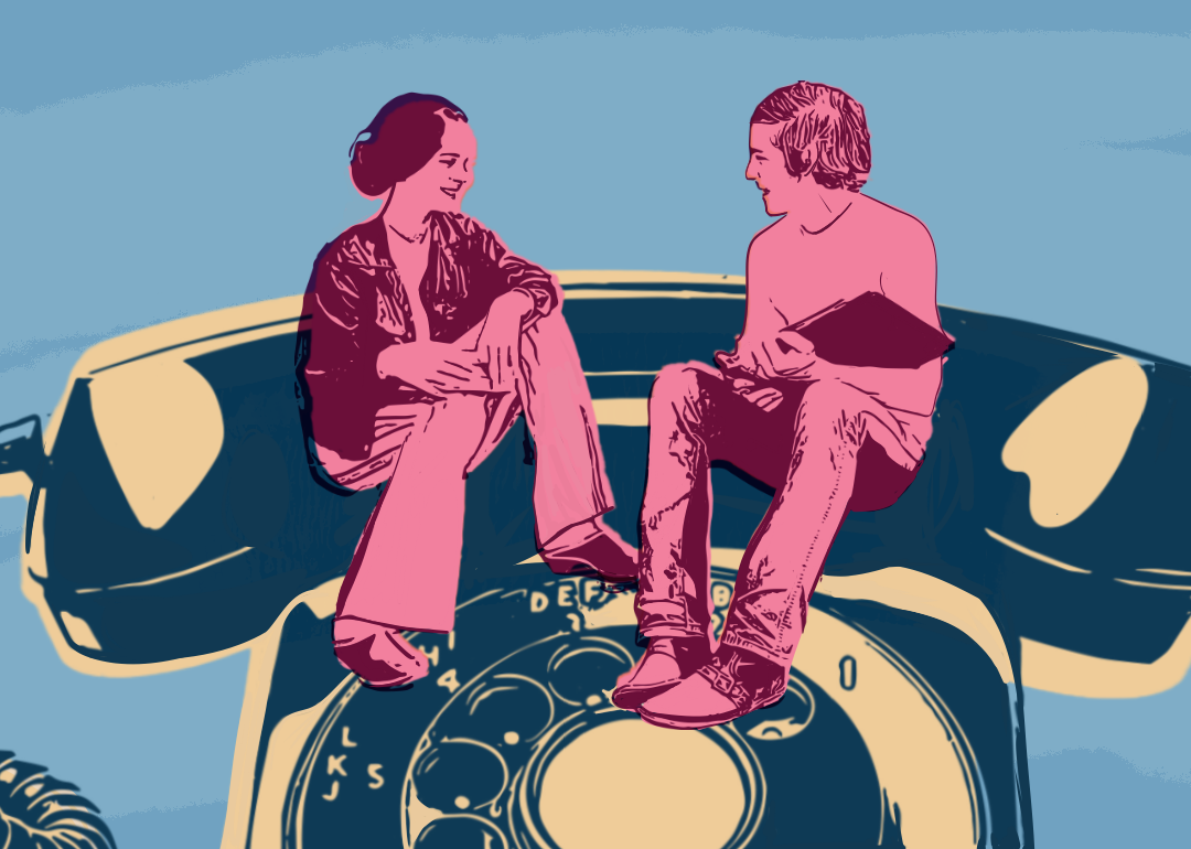 Illustration of couple sitting on rotary telephone.