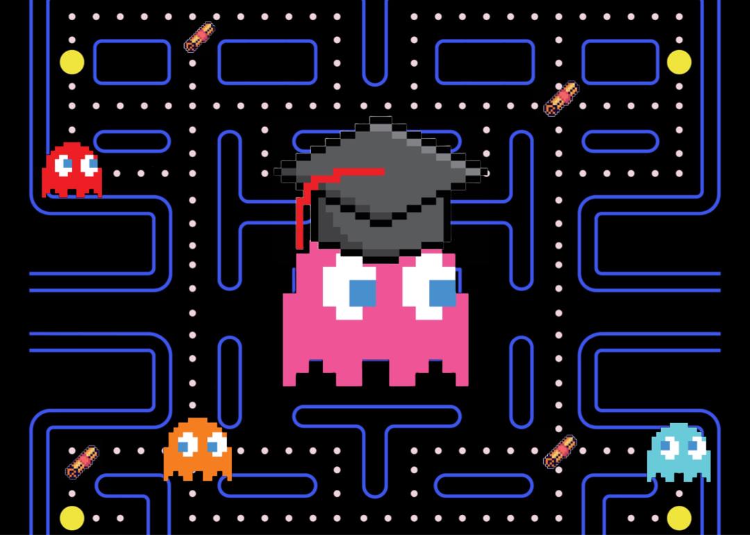 Pac-Man ghost wearing a graduation cap on a game maze.