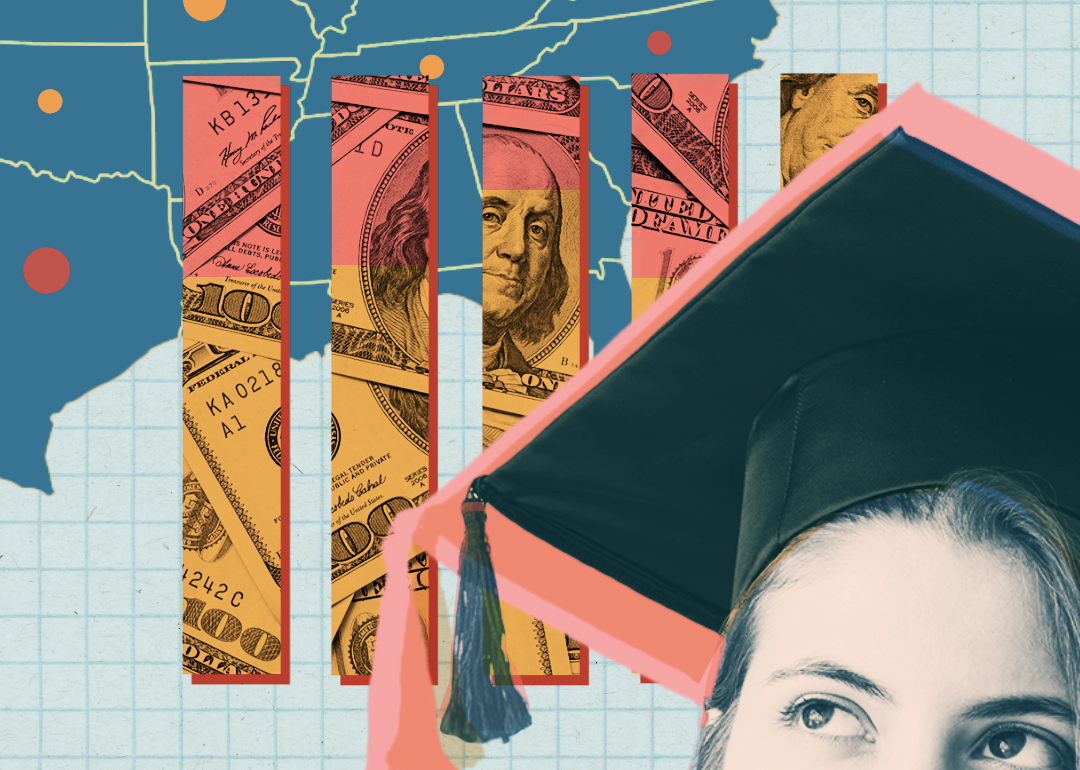 Cropped view of person wearing graduation cap in foreground, color bar chart with currency, cropped U.S. map.