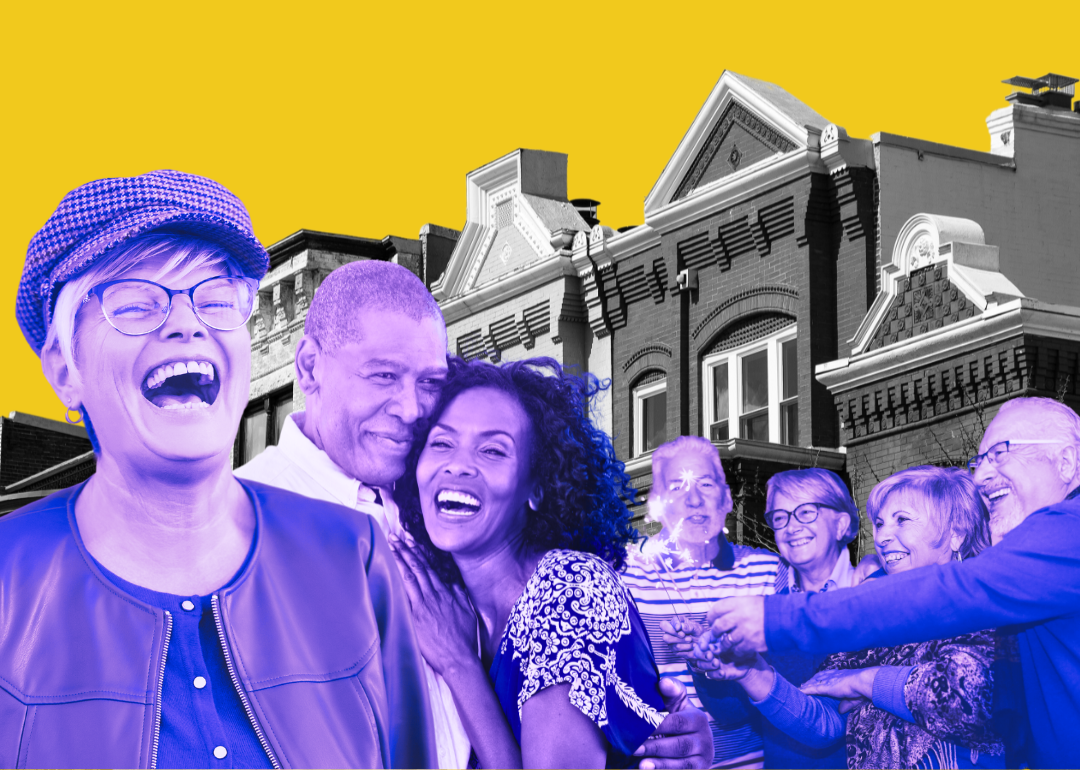 A digital illustration of row houses in the background with happy boomers in the foreground.