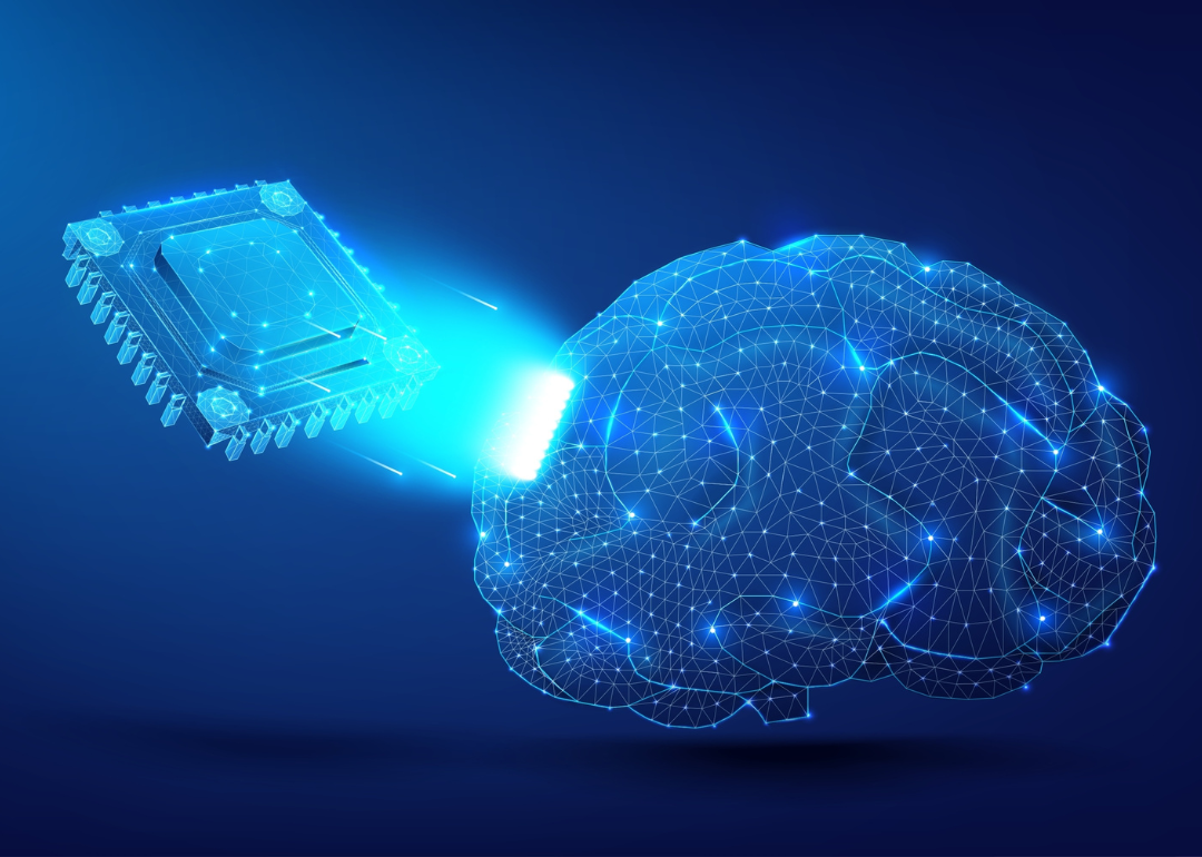 A digital illustration of a brain connected to a computer chip.