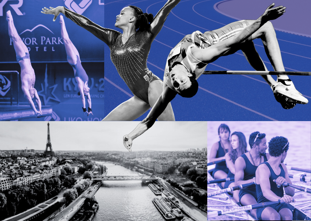 A collage of images of Olypmic athletes competing.