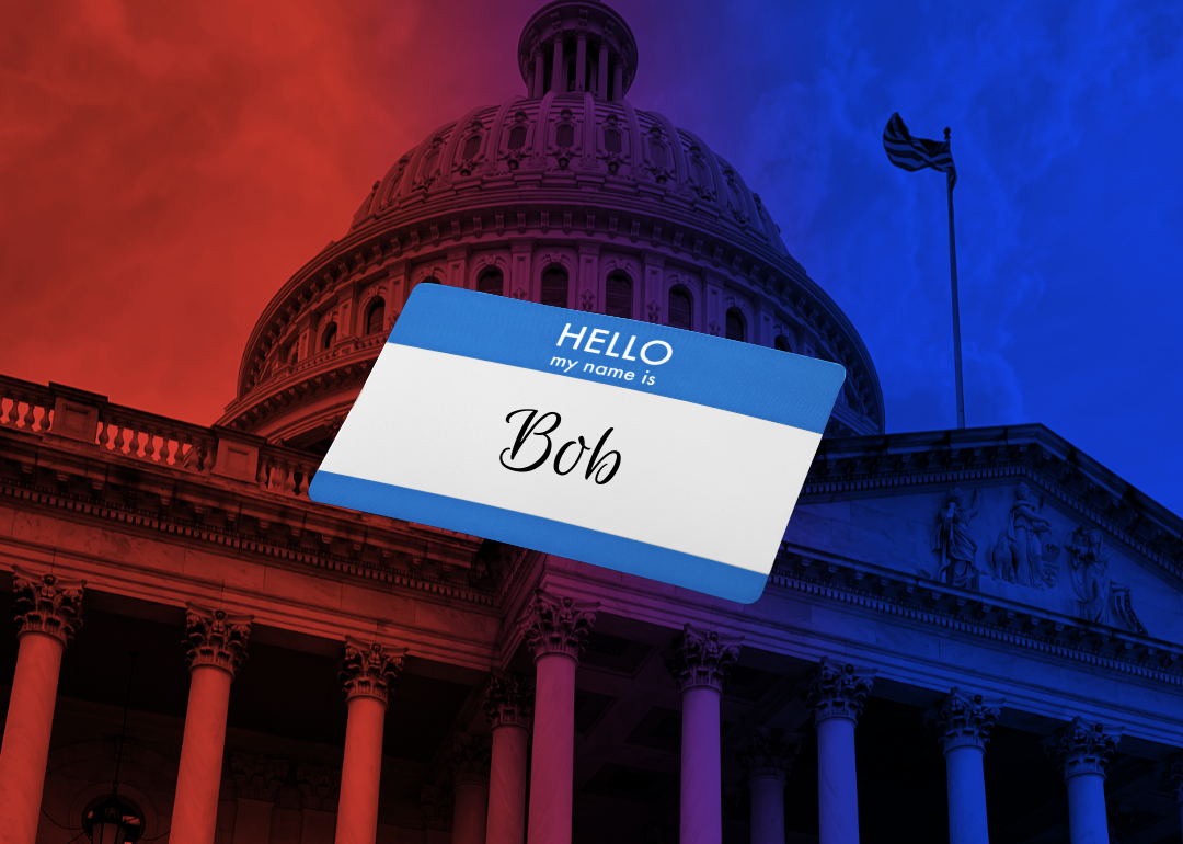 A name tag reading "Hello my name is Bob" floats in front of the capitol building, half in blue and half in red.