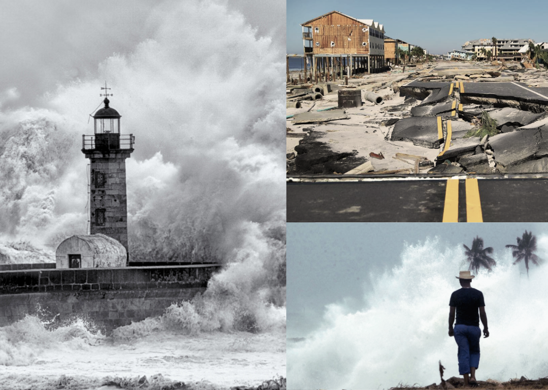 A lighthouse being hit with massive waves, a beach road destroyed after a storm and a figure watching palm trees bend in the waves and wind.