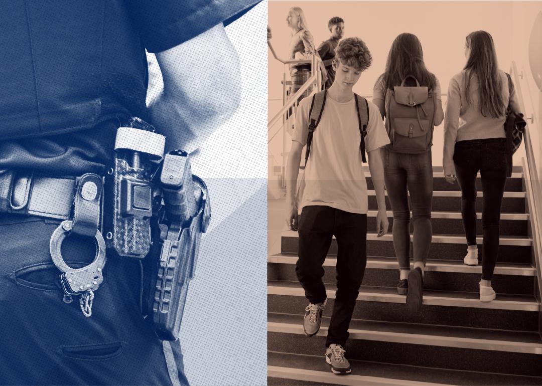 Diptych showing cropped police officer and students walking in school corridor.