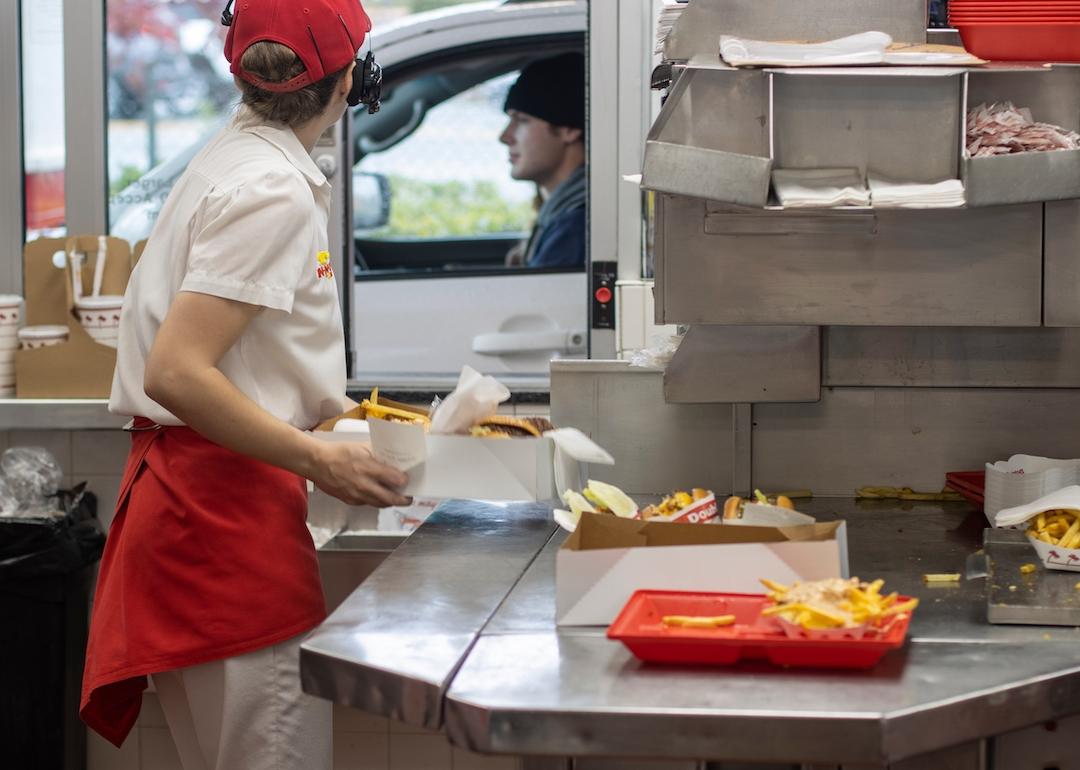 Drive-through window in a fast-food restaurant in Redding, California.