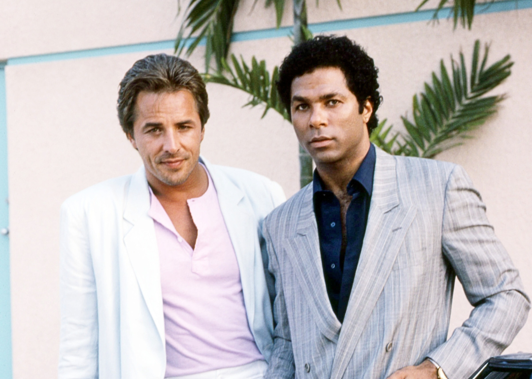 Don Johnson and Philip Michael Thomas on the set of "Miami Vice."