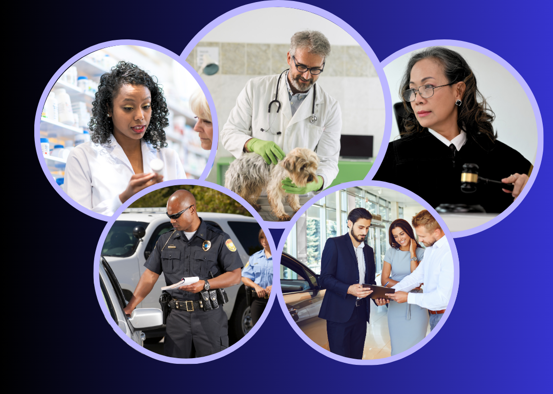 A photo illustration of five similarly sized circles with people of different professions within each circle, including a pharmacist talking to a patient, a police office standing next to a car, a veterinarian attending to a small terrier, a car salesperson helping two buyers, and a judge holding a gavel. 